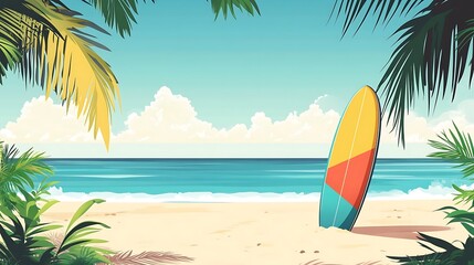 Colorful surfboard on a tropical beach.
