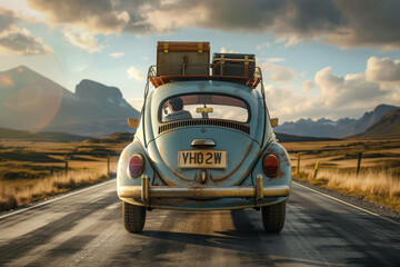 Hyperrealistic rear view of a driver in a classic 1977 car with travel suitcases in the trunk, cruising a scenic road—ultra-detailed, cinematic photography capturing timeless adventure...