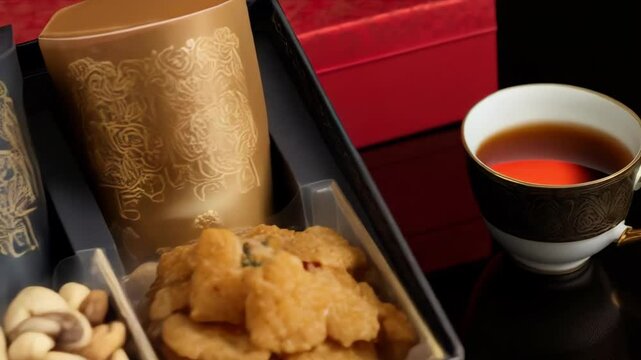 Elegant gift box filled with gourmet treats, including dates, pistachios, savory snacks, and ornate, patterned container set near tea.