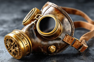 Vintage gas mask displayed diagonally on a black studio background with unique textures and reflections