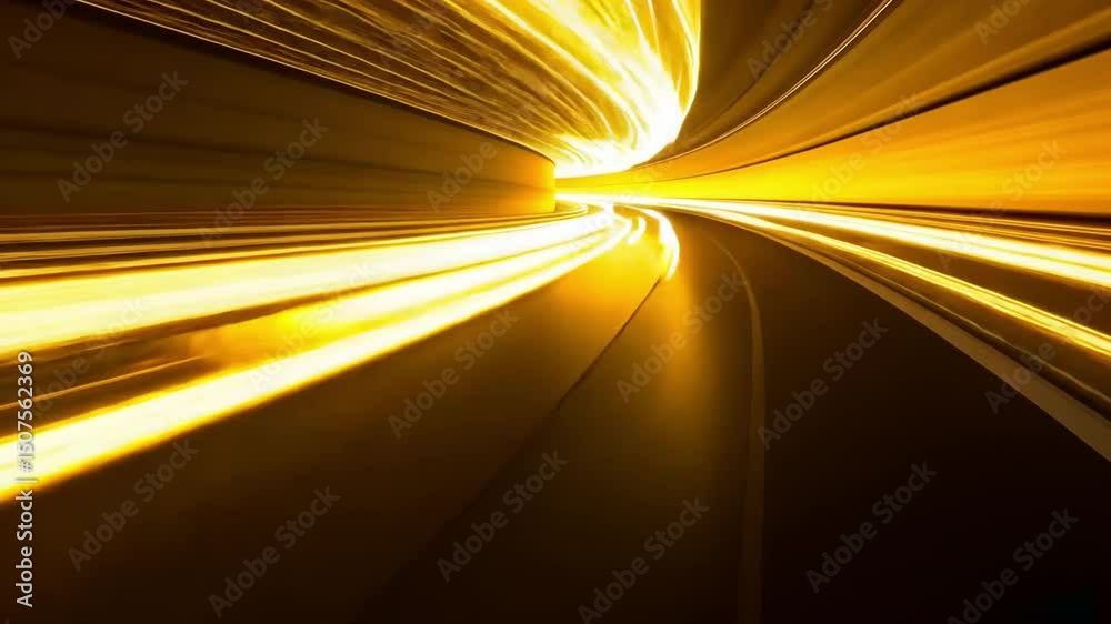 Poster dynamic light trails swirl through vibrant yellow tunnel, creating abstract display of speed and mot