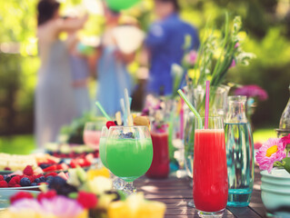 Outdoor summer party table with colorful drinks, fruits, and flowers. Garden celebration with people in background. Festive gathering concept for birthday or holiday event
