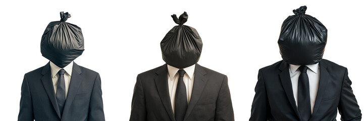 Set of Real photo of a man standing with a black garbage bag filled with waste on transparent png background. Ai generated