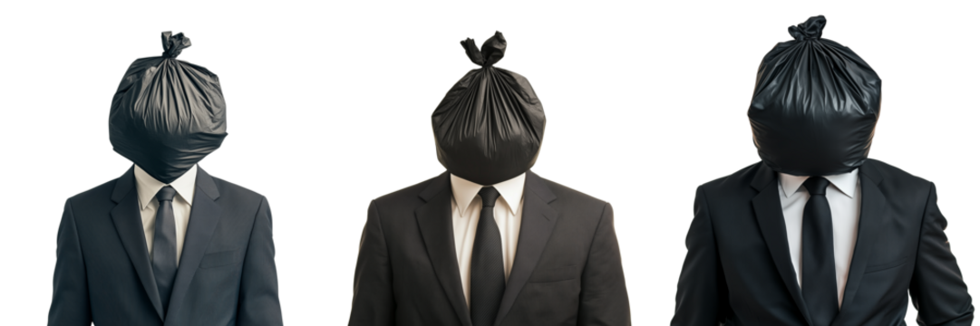 Set of Real photo of a man standing with a black garbage bag filled with waste on transparent png background. Ai generated
