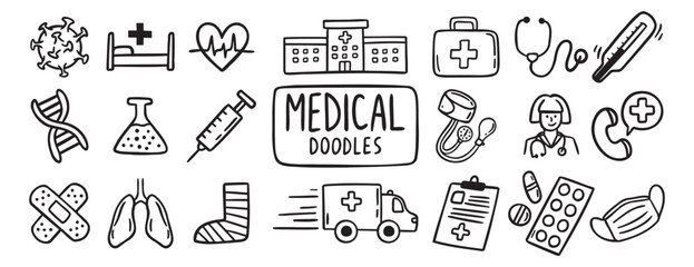 medical health care doodle hand drawn icon set. Outline drawing medical health care items line clipart symbol collection. Outline drawing line clipart symbol collection