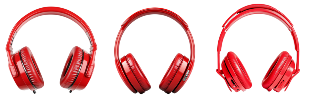 Set of Red wireless headphones with visible buttons and ports, isolated on a bright white seamless on transparent png background. Ai generated