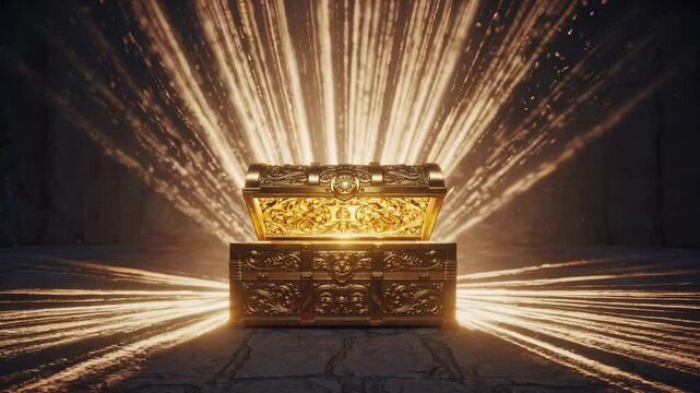 Magical golden chest opening with radiant light bursting out in dark room