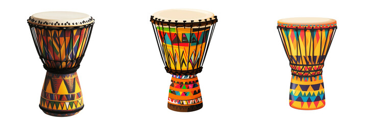 Set of Side angle shot of a richly detailed African djembe drum standing alone on transparent png background. Ai generated
