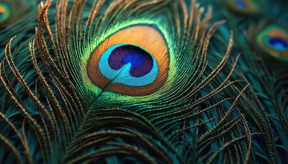 Obraz premium Close-up vibrant peacock feather. Exotic bird plumage details with intricate patterns. Beautiful artwork with rich details, blue, green, gold, brown colors. Focus on eye, natural texture, luxury