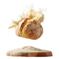 freshly baked bread loaf suspended in mid-air, with a burst of flour and butter splashing around, golden-brown crust with a soft, fluffy interior texture, isolated on transparent background, png cutou