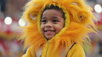 Young child wearing a vibrant lion costume with a fluffy mane, smiling joyfully during a festive celebration, surrounded by colorful decorations and cheerful atmosphere