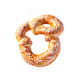 freshly baked pretzel with salt flying around it, soft, chewy texture with a golden-brown crust, isolated on transparent background, png cutout