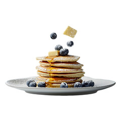 freshly stacked pancakes with melting butter and maple syrup splashing around, a burst of blueberries and powdered sugar flying, isolated on transparent background, png cutout