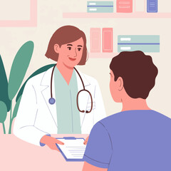 Flat Vector Illustration of Female Doctor Consulting Patient in Clinic – Modern Minimal Healthcare Concept in Soft Pastel Colors