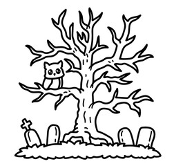 Creepy Bare Tree with Owl Sitting on Branch, Surrounded by Gravestones, Crosses – Spooky Halloween Cemetery Scene at Night, Haunted Forest Atmosphere, Eerie Graveyard for Trick-or-Treat and Scary Deco