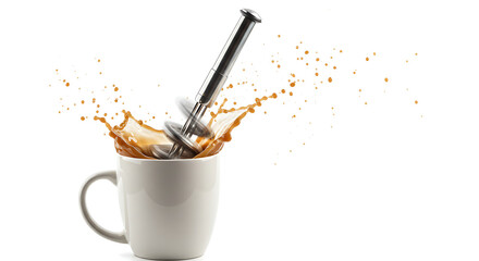 "Morning Energy Burst: A sleek, stainless steel spring whisk plunges dramatically into a simple white coffee mug, unleashing an explosive, high-speed splash of rich brown coffee