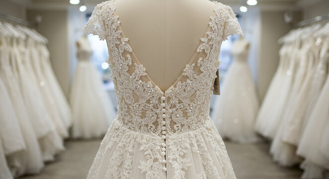 Wedding white bride dress with lace and embroidery displayed in a store