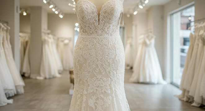 Wedding white bride dress with lace and embroidery displayed in a store