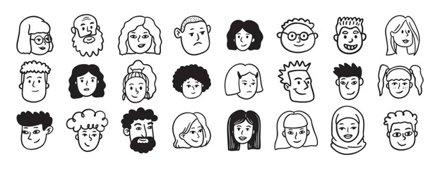 Faces people different avatars doodle hand drawn icon set. Outline drawing head people line clipart symbol collection
