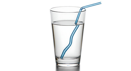 A clear glass tumbler filled with water vividly demonstrates the scientific principle of light refraction, showing a blue and white striped drinking straw appearing distinctly bent or broken at the wa