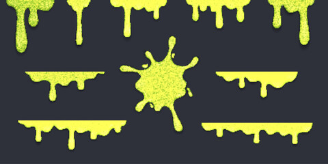 Set of green liquid mucus drips. Vector illustrations on gray background