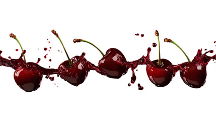 glossy cherries with stems flying in the air with dark red juice splashes, bursting and dripping mid-motion, rich color tones, isolated on transparent background, png cutout