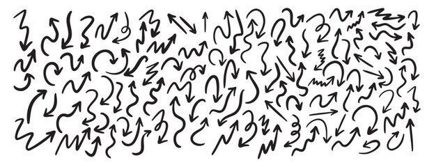 Hand drawn vector arrows doodle set on white background. dynamic arrows element