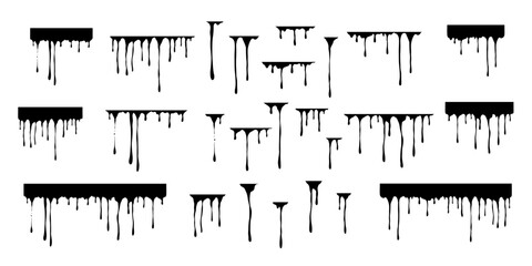 Hand drawn paint splatter, melt. Liquid leak. Ink drops. Vector isolated templates.