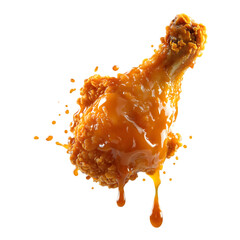 golden-brown crispy chicken drumstick suspended mid-air with a burst of savory sauce splashing around, droplets frozen in motion, glistening skin detail, isolated on transparent background, png cutout
