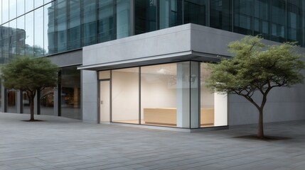 Modern empty storefront with large glass windows in urban setting - Concept of mockup, blank  