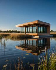Obraz premium Sustainable Floating House on River with Rooftop Garden