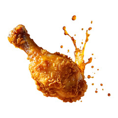 golden-brown crispy chicken drumstick suspended mid-air with a burst of savory sauce splashing around, droplets frozen in motion, glistening skin detail, isolated on transparent background, png cutout
