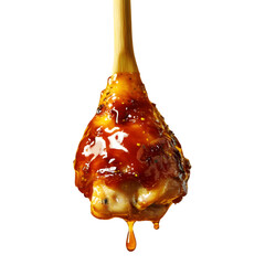 golden chicken drumstick being basted with a honey glaze, dripping sauce with soft splashes, high realism and texture detail, isolated on transparent background, png cutout