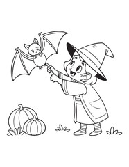 Cute Little Witch Halloween Coloring Page – Fun Kids in Costumes with Magic, Broomsticks, and Pumpkins

