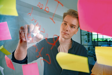 Professional caucasian businessman writing marketing idea by using mind map and sticky notes on glass board at modern meeting room. Creative business and planing concept. Closeup. Immaculate.