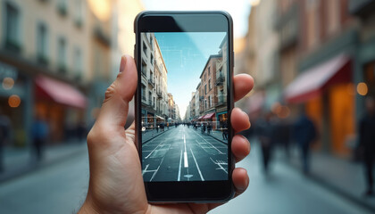 Person holding smartphone with augmented reality overlay, displaying street scene with digital info. Modern tech, future, concept of mobile app usage, wireless communication, social media. Digital