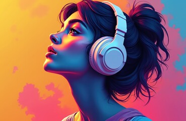 Young woman listens music with headphones illustration. Abstract colorful illustration with vibrant blue, red, pink, yellow, orange colors. Modern generative art. Perfect design for music events,