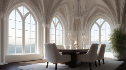 Luxurious dining room with a large wooden table in the center. the table is surrounded by six white chairs with a high backrest and armrests.