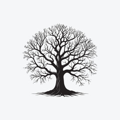 Obraz premium Highly Detailed Black and White Vector Art Illustration of Atmospheric Realistic Tree Silhouette with Textured Bark, Dark Branches, and Intricate Roots