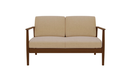 A wooden loveseat with beige cushions on a white background