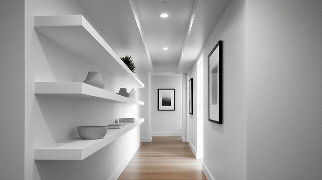 Modern and minimalist hallway with white walls and wooden flooring. on the left side of the image, there is a white floating shelf with various decorative items such as vases, books, and a plant. - Powered by Adobe