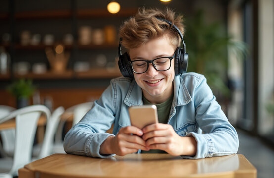 Young man with Down syndrome at cafe. He smiles while using phone, wears headphones, glasses. Modern tech enables interaction. Focus on inclusivity. Cafe scene, inclusive lifestyle, diversity.