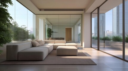 Modern living room with a large sectional sofa in the center. the sofa is beige in color and has several pillows on it.