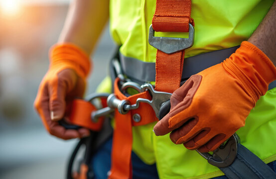 Close-up of construction worker securing fall protection harness. High-visibility safety vest, gloves. Person wearing safety harness. Fall protection systems at work. Building site worker wearing