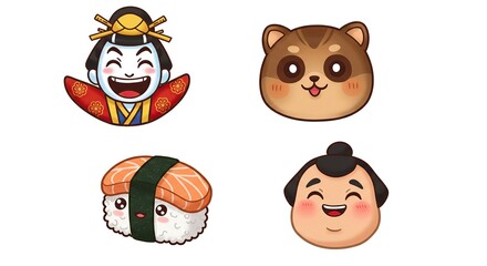 Obraz premium Set of Cute Japanese Themed Cartoon Icons - Kawaii Kabuki, Raccoon, Sushi, and Sumo Characters for Cultural and Food-Related Designs.