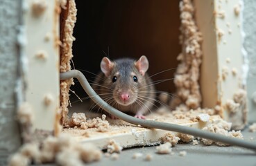 Brown rat nests in house insulation gnawing wires. Pest infestation, rodent damage in residential areas, home maintenance. Focus on health, property protection, pest control solutions.