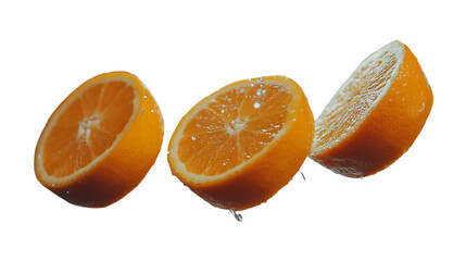 juicy orange slices suspended with tangy splashes and misty droplets in the air, bright and refreshing citrus theme, isolated on transparent background, png cutout