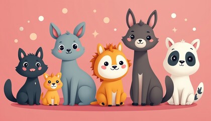 Naklejka premium Charming illustration of assorted cute animals, perfect for website design or children projects. Pink background creates adorable, friendly mood. Digital artwork with a playful, sweet style.