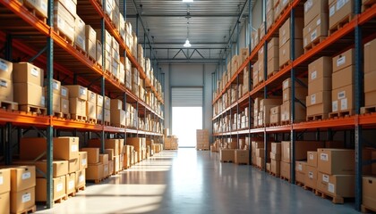 Fototapeta premium Warehouse interior with rows of shelves filled cardboard boxes. Storage, distribution, logistics concept. Boxes of products ready for shipping. Business supply chain, wholesale trade. Empty space in