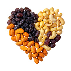 luxury dry fruits arranged in the shape of a heart golden almonds, plump raisins, cashew curls, rich brown dates, and pistachio halves forming clean edges, warm lighting and emotional appeal